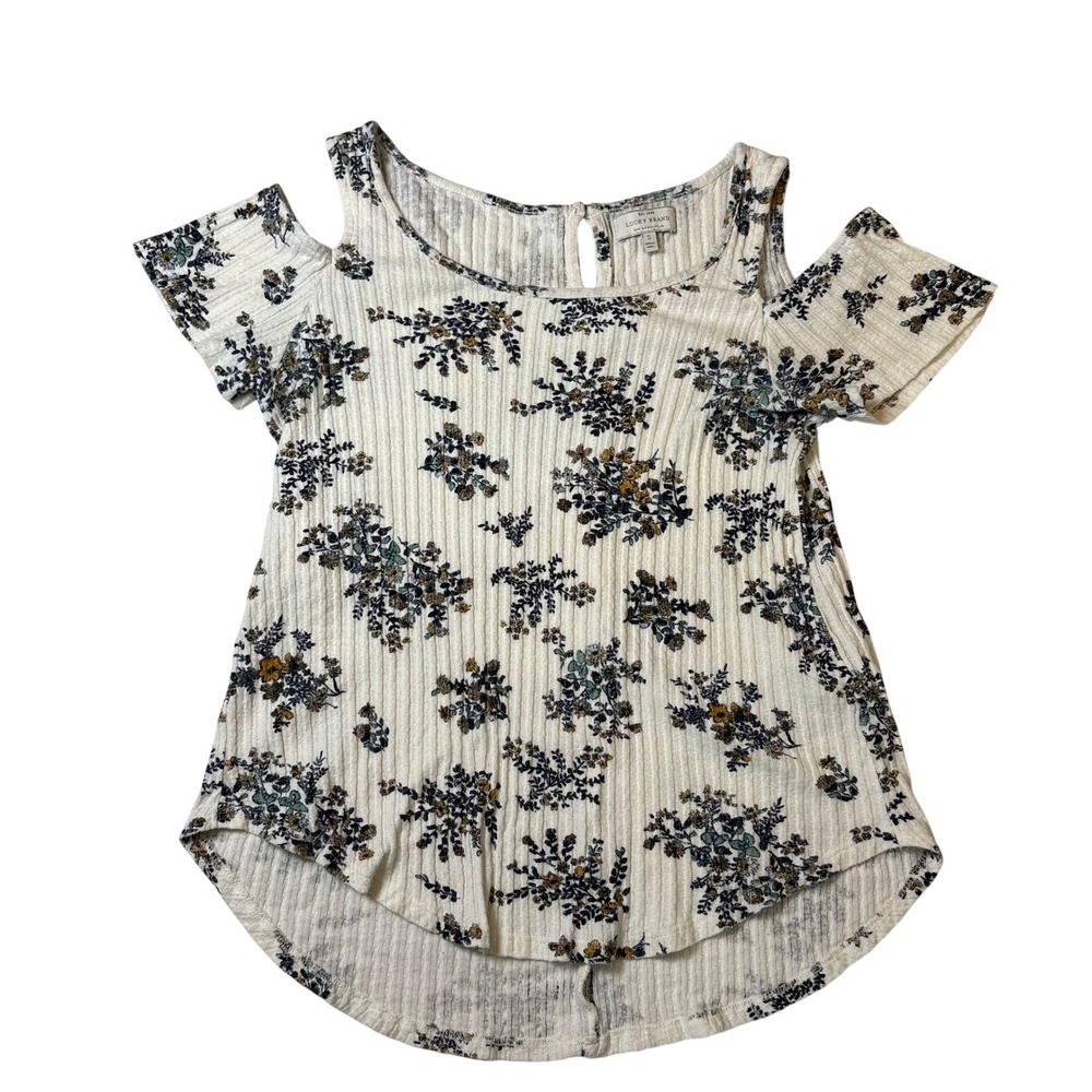 Lucky Brand Women Cream Floral Ribbed Cold‎ Shoulder Top High Low Small
